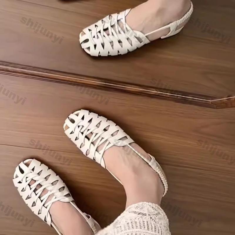 Fashion Women's Sandals 2025 New Weave Baotou Lightweight Comfortable Casual Shoes Hollow Breathable Fashion Luxury Square Toe Sandals