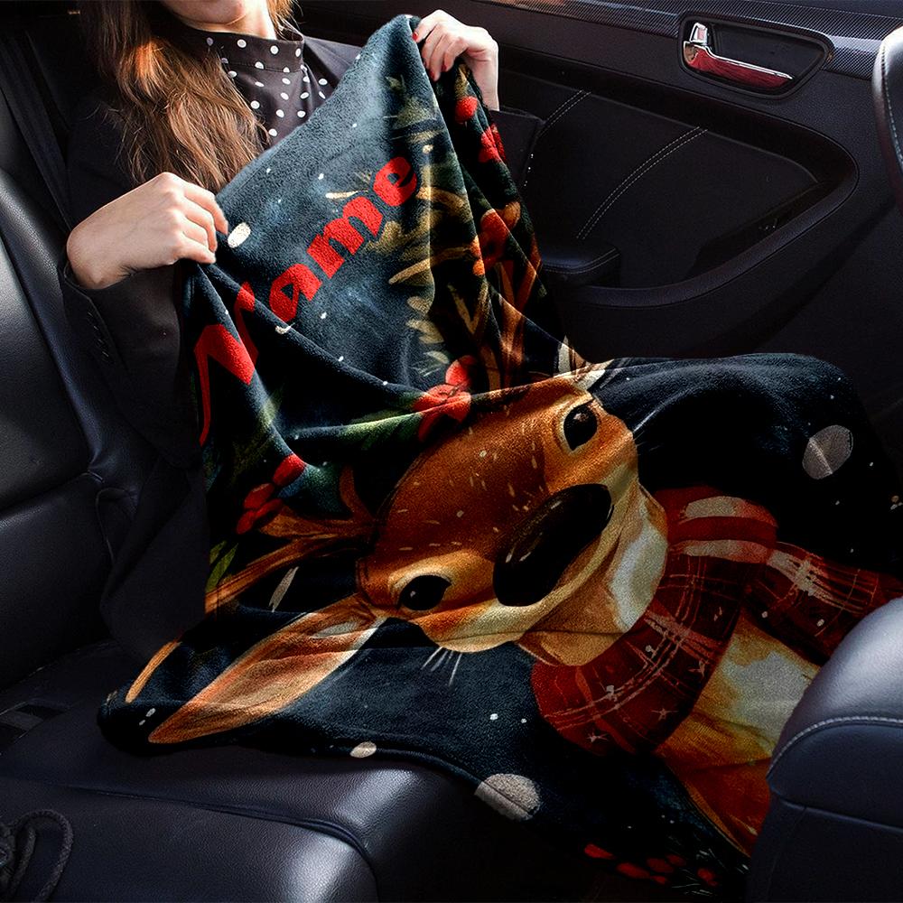 Custom Name Christmas reindeer Theme Printed Blanket - Perfect for Couch, Bed, Travel & Outdoor Use | Machine Washable, Cozy & Durable.
