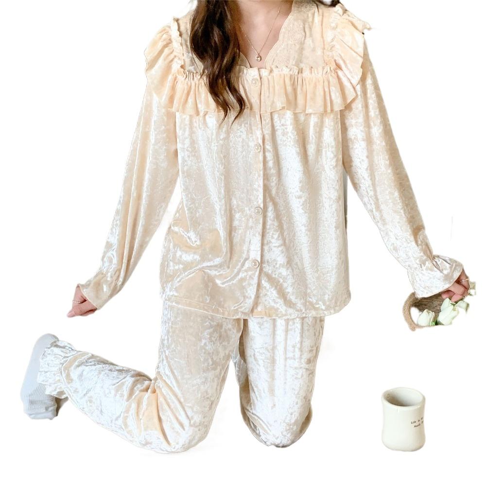 Women Golden Velvet Pajama Set Winter Warm Ruffle Lapel Cardigan Sweet Palace Style Long Sleeve Casual Loungewear Home Sleepwear
