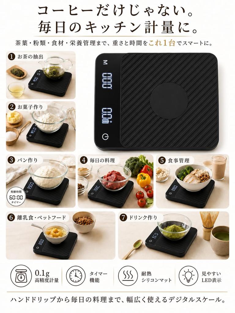 [SYOKI] Coffee Scale, 0.1g High Precision, with Timer, Type-C Rechargeable, Black