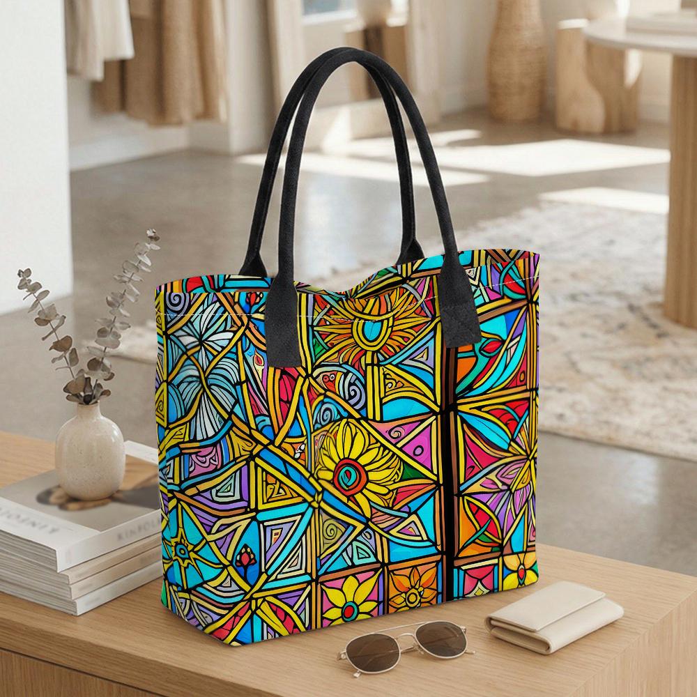 Stained Glass Style Print Large Tote Bag Casual Versatile Daily Shoulder Bag for Women