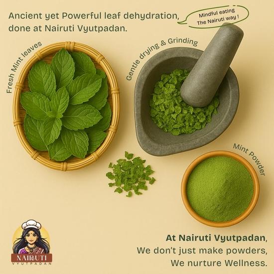 Nairuti Vyutpadan Pó de Menta (Pó de Hortelã) 600g | Aroma Refrescante para Chá, Chutneys, Raita, Lanches, Digestivo e Erva de Uso Múltiplo