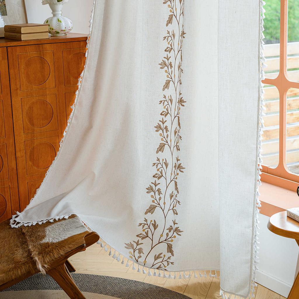 Cotton Linen Embroidery Tassel Curtains Road Pocket Shade Curtain for Kitchen Bedroom Living Room Bay Window Cabinet Curtain