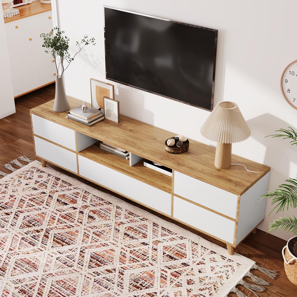 TV Cabinet, Lowboard, Living Room Furniture In White and Wood Colors. Compartments and Doors In Natural Farmhouse Style.