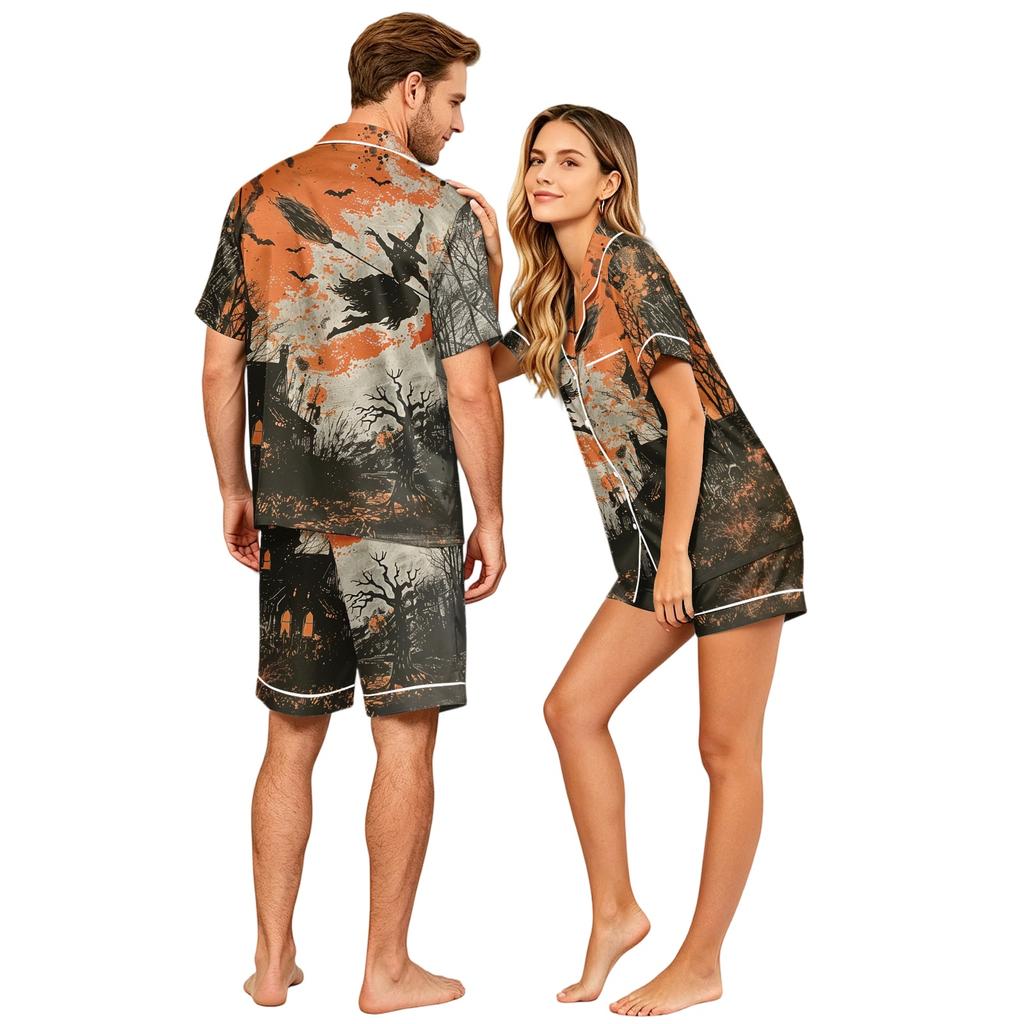 Couple Matching Halloween Pajama Set Short Sleeve Button Down Shirt with Curved Hem and Shorts Soft Casual Sleepwear S To XXXXL