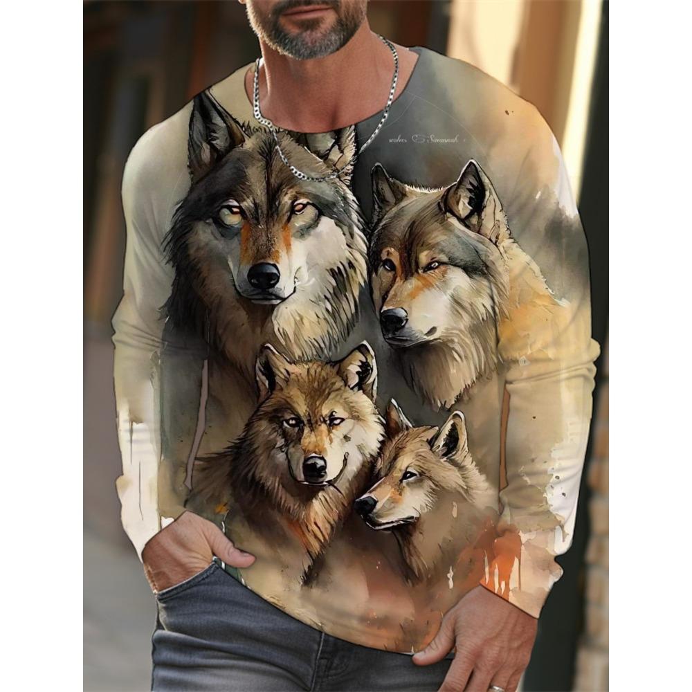 Long-sleeve 3D printed wolf pattern stylish T-shirt, men's street casual, round-neck trendy T-shirt