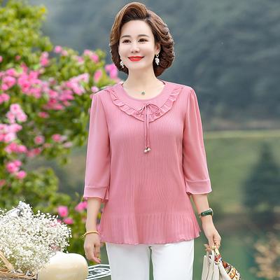 Damen Sommer Dreiviertel Rüschenärmel Tops Weibliche Spitze Rundhals Bluse Hemd Mittelalte Mutter Locker Einfarbig Schick Blusen