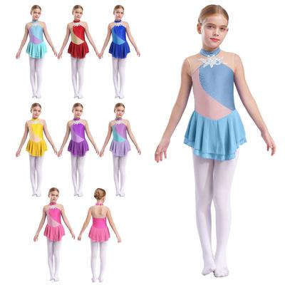 Girls Skating Dress Sleeveless Round Collar Rhinestone Floral Patchwork Sequin Decorated Performance Costume