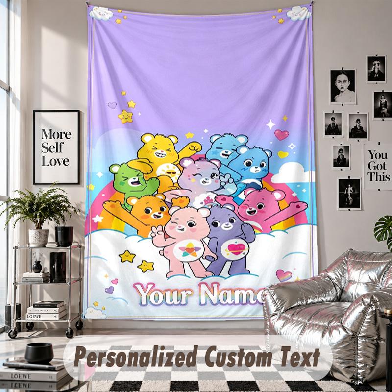Wall Hanging Tapestry With Custom Name & Text, Care Bears Decorative Tapestry For Bedroom
