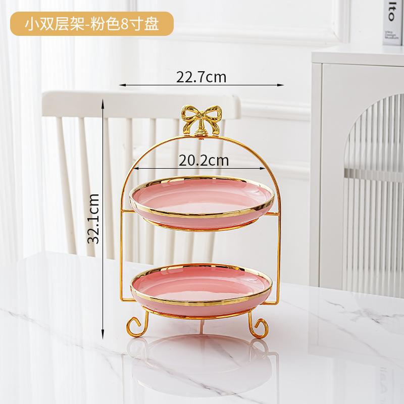 Golden Edged Double-layer Ceramic Tray, Cake Rack, Snack, Fruit Tray, Afternoon Tea Dessert Display Stand, Metal Bow Bracket