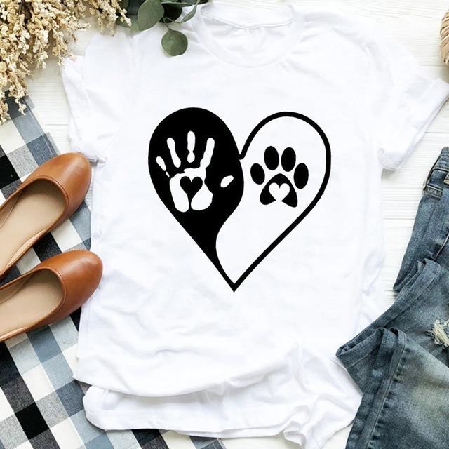 White Casual Short Sleeved Tshirt Unisex Paw Print Footprint Heartshaped Never Walk Alone Slogan Daily Gift Summer Top S