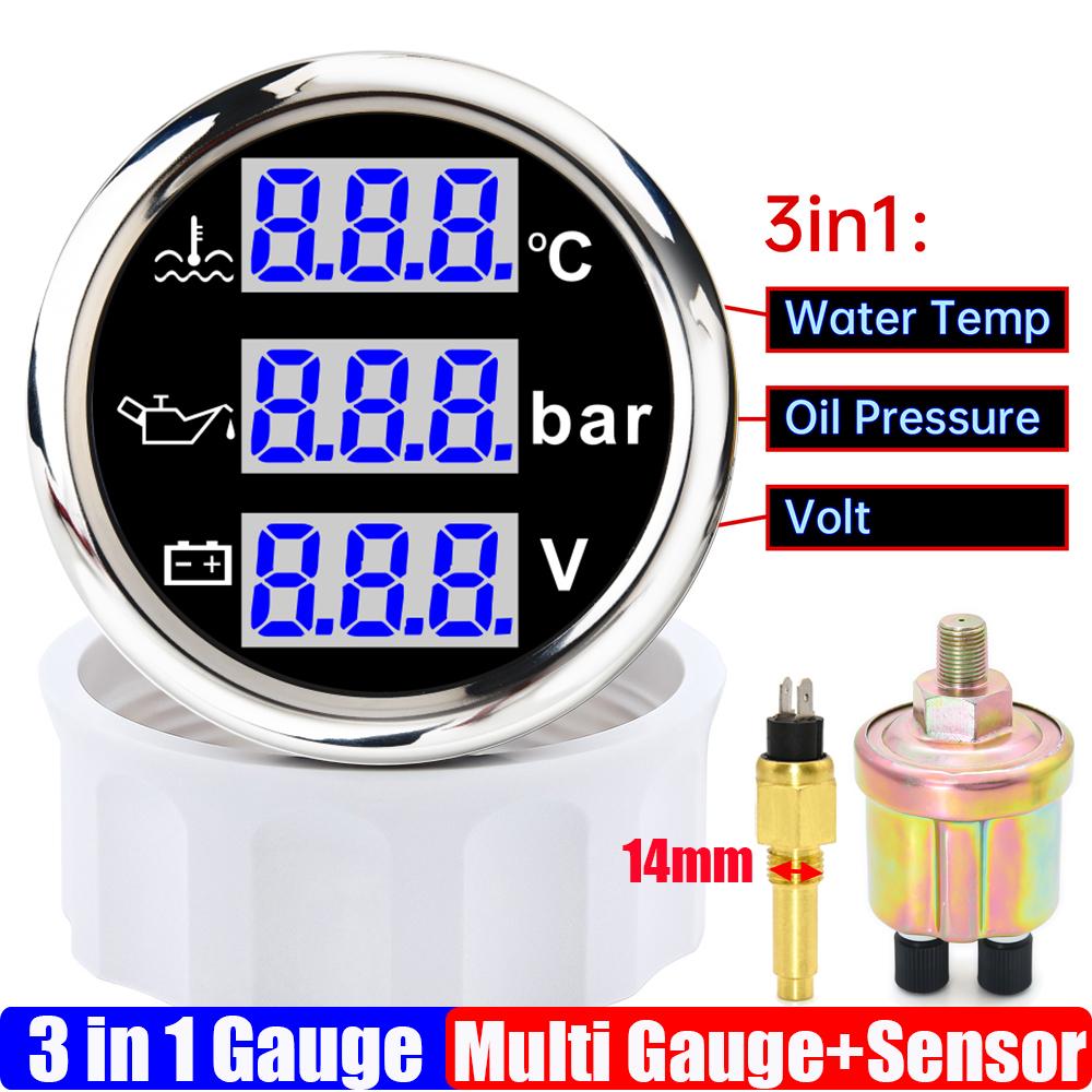 Blauer LED Digitaler 52mm Messgerät mit Alarm 0~120℃ Wassertemperaturanzeige+Öldruck+Spannung mit Öl-/Wassertemperatursensor
