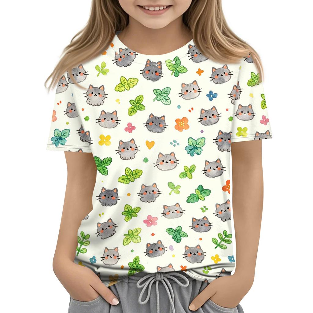 Kids Animal Print Crew Neck Short Sleeve Casual Loose Fit T Shirt Top Lightweight Soft Fabric Comfortable Wear