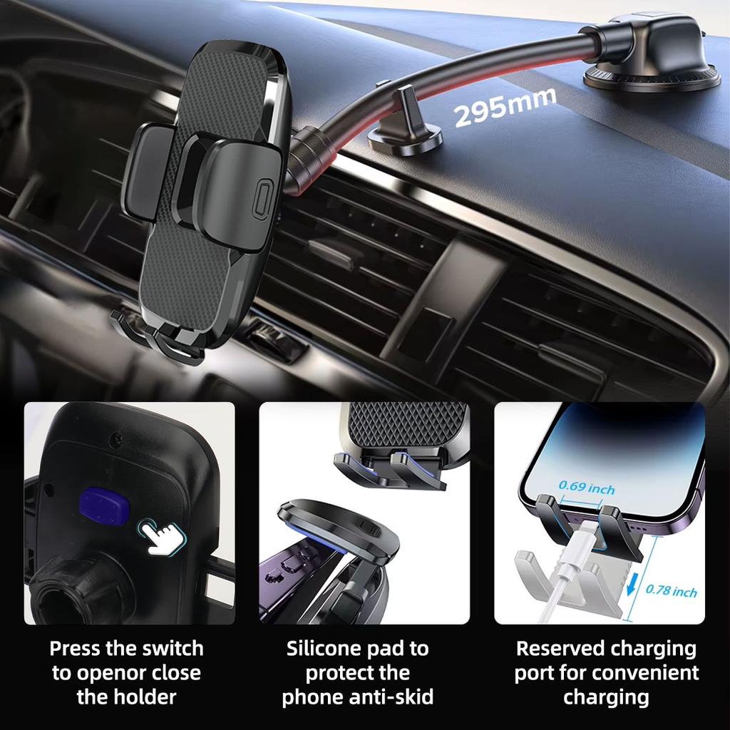 Car Flexible Long Arm Phone Mount Interior 360° Rotatable Auto Mount Dashboard Holder With Suction Cup Universal Handsfree