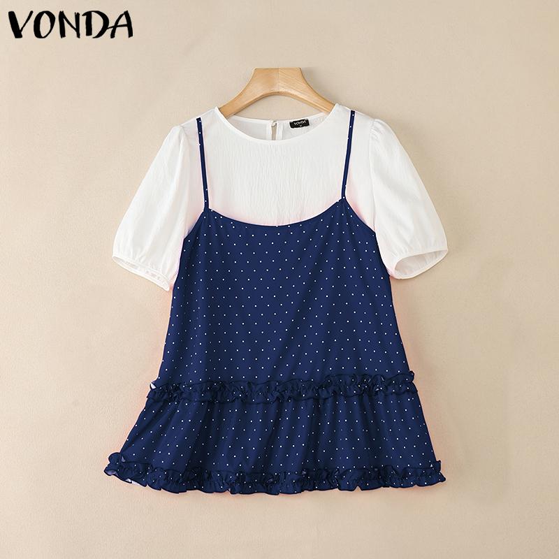 

VONDA Women Short Sleeve Front Patchwork Fake Two Pieces Polka Dots Blouse 5XL