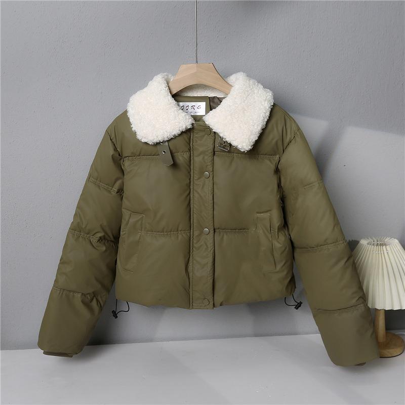 Lamb Wool Leave-in Pu Leather Down Cotton Clothes Women's Short Winter Thickened Stand-up Collar Bread Clothes Small Fur Collar Jacket