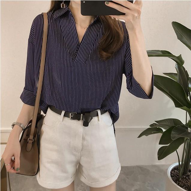 

Летняя корейская версия, свободная и утягивающая полосатая рубашка, женская универсальная повседневная рубашка с рукавами 3/4 2XL синий