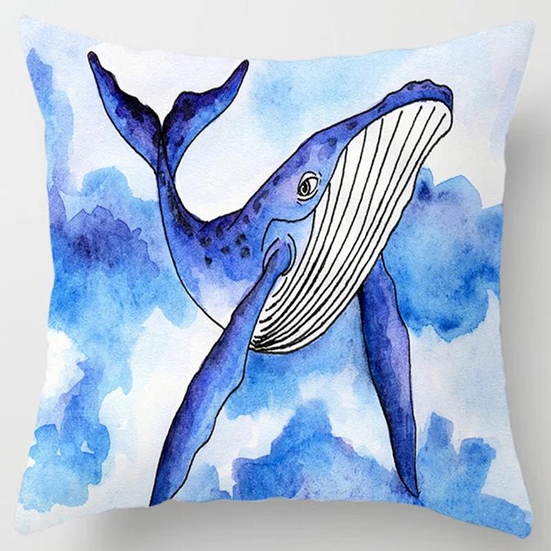 Ocean Whale Oil Painting Series Printed Pattern Cushion Cover Home Living Room Sofa Decoration Square Pillow  Cover45x45cm
