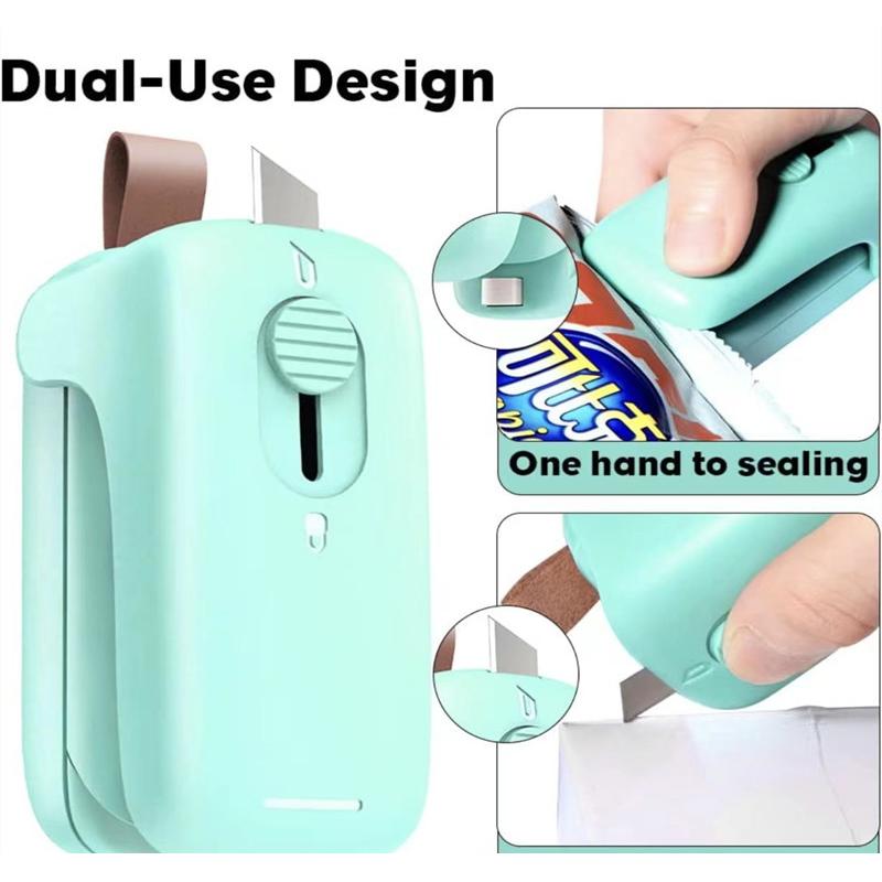 Mini selador de saco portátil 2 em 1, selador de calor portátil recarregável, selador de calor a vácuo e cortador para armazenamento de saco plástico de alimentos
