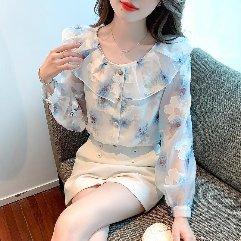 Fashion New 2024 Autumn Long Sleeve O-Neck Casual Ruffles Print Chiffon Blouse Shirt Women Tops Blouses Shirts J562