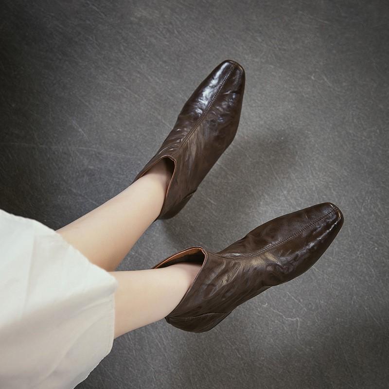 Johnature Genuine Leather Pleated Height-increasing Short Boots Retro Versatile Square Toe Women's Shoes