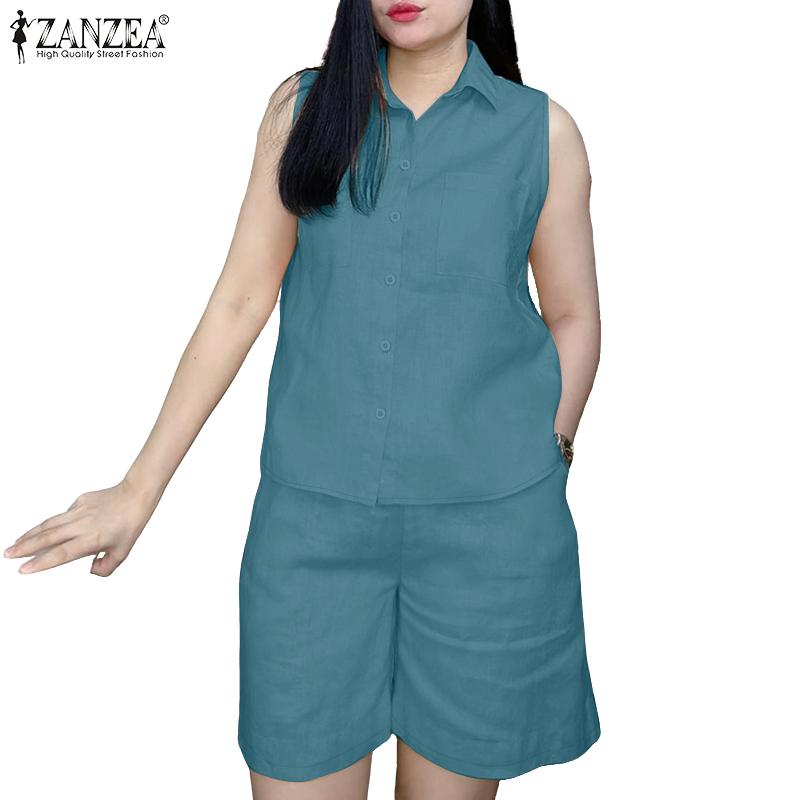 

ZANZEA Women Sleeveless Vest Tops and Shorts Summer Two Piece Suit Sets S синий