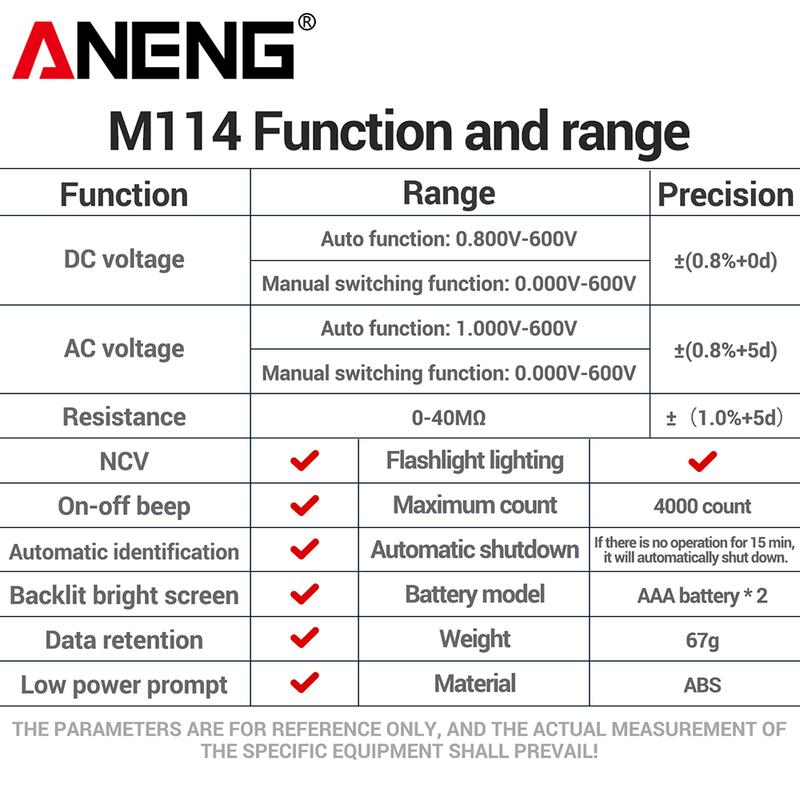 ANENG M114 Digital Multimeter + BT173 Battery Tester 4000 Counts Auto Ranging NCV Backlight Electrical Tool Kit