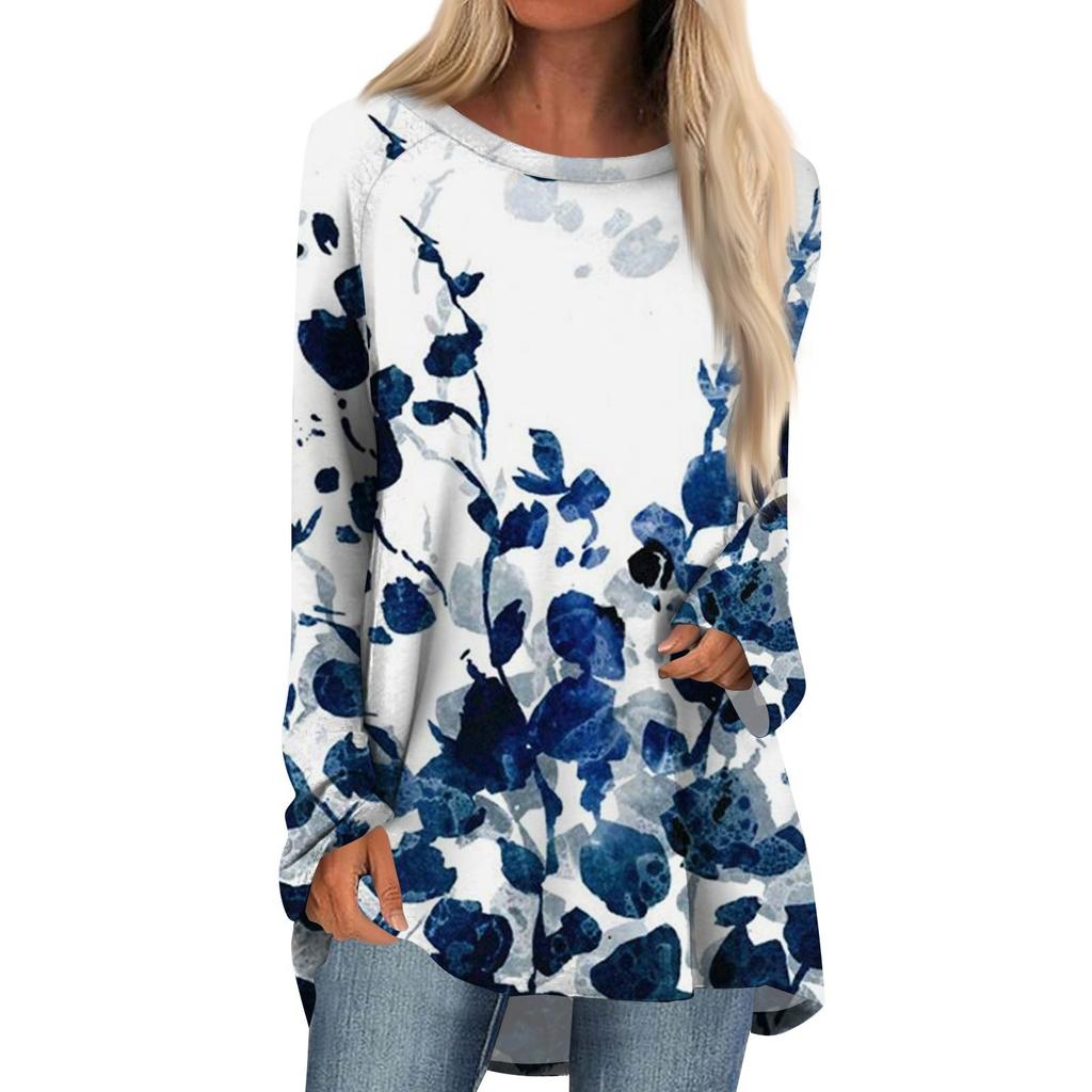 Women's Fashion Casual Long Sleeve  Print Round Neck Pullover Top Blouse