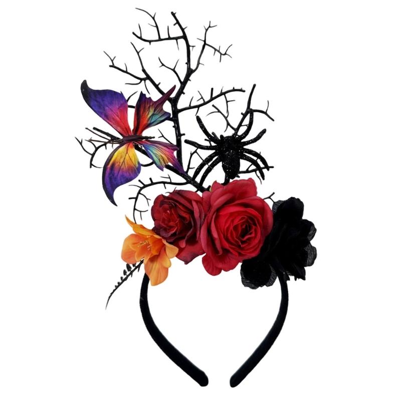 

Готическая тема Повязки на голову с цветочной веткой и реалистичными пауками Аксессуары для волос на Хэллоуин для взрослых Фестивальный головной убор красный