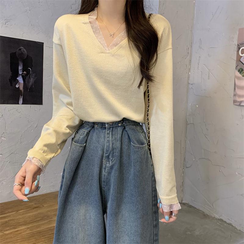 Design-Sense Lace V-Neck Long-Sleeve Knitwear for Spring and Autumn Women's Black Base Layer Sweater Top