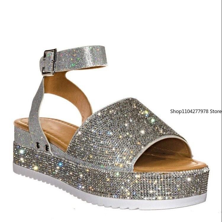 Fashion Women's Sandals Fashion Rhinestone Wedge Sandals Ladies Summer High Heels Platform Shoes Outdoor Open Toe Casual Sandals Size 43