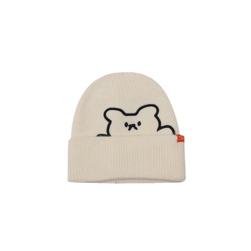 New Japanese Style Cute Bear Embroidered Woolen Hat for Women Autumn and Winter Warm Ear Protection Cloth Label Knitted Hat for Men and Women