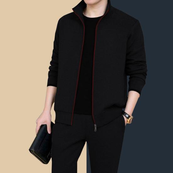 1 Set Jacket Pants Set Solid Color Zipper Autumn Winter Ribbed Cuff Coat Drawstring Pants for Daily Wear