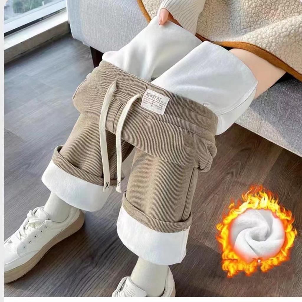 Women's Autumn and Winter Fleece-lined Straight-leg High-waisted Wide-leg Pants, Simple and Casual, Slimming, 9/10 Length Pants