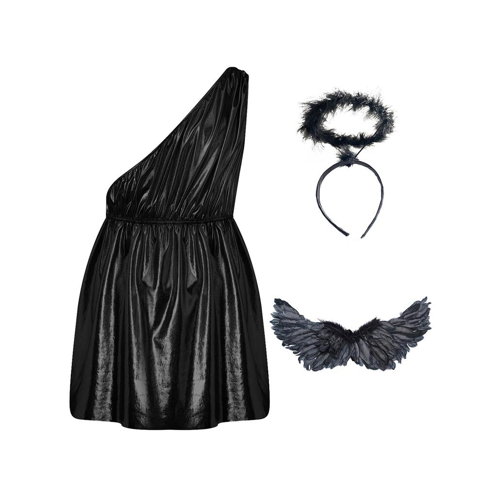 Costume Toga Greco Romano Mitologico da Uomo Tunica Metallizzata Monospalla con Ali e Copricapo per Festa Cosplay di Halloween