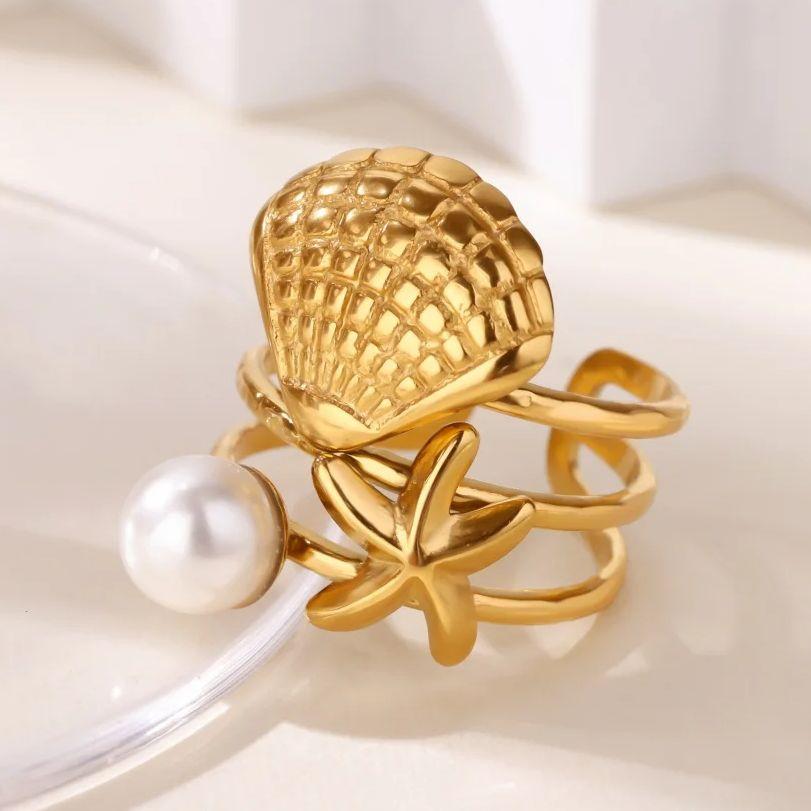 Starfish Shell Pearl Rings For Women Gold Color Stainless Steel Shell Pearl Adjustable Ring Party Christmas Vintage Jewelry Gift