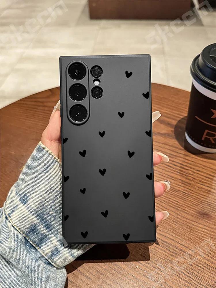 Black Love Heart Phone Case For Samsung Galaxy S25 S24 Ultra S23 FE S22 S20 Plus A15 A35 A50 A51 A54 A55 A71 A72 Silicone Cover