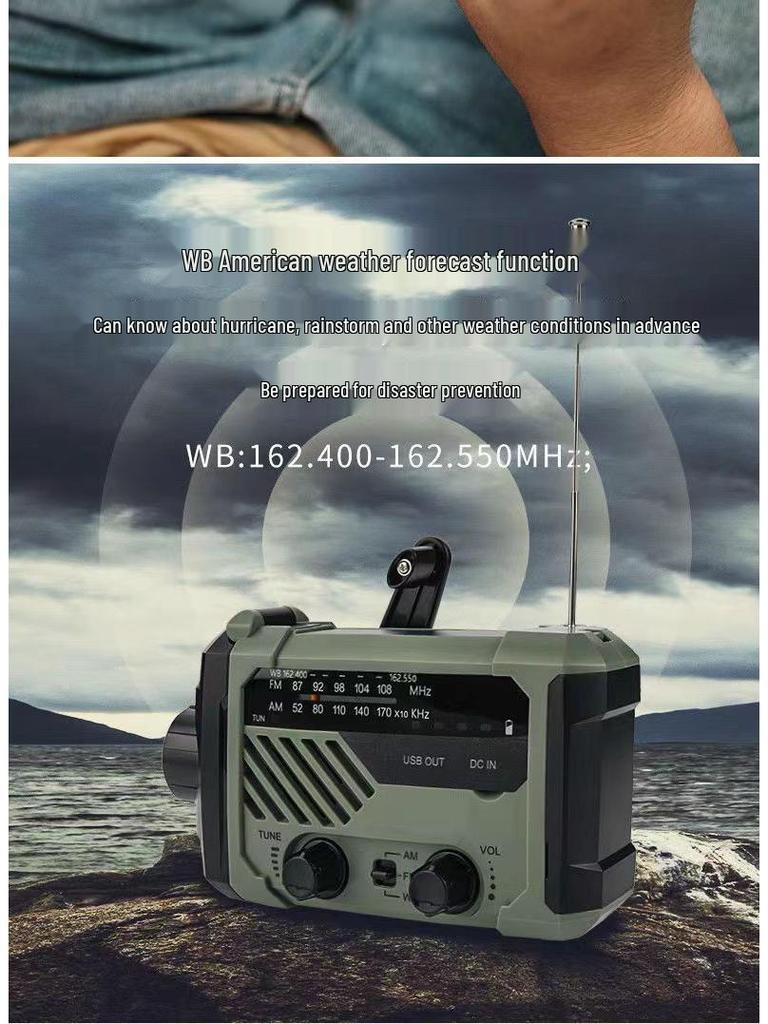Multifunctional Solar-Powered Emergency Radio & Flashlight with Hand-Crank Power Generator and Waterproof Power Bank