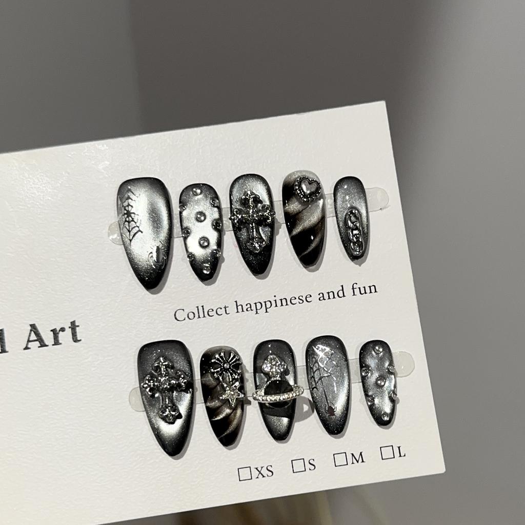 False Nails, Handmade Nail Tips, High-end Dark Silver Cat-eye Nail Art, European and American Punk Style False Nail Stickers.