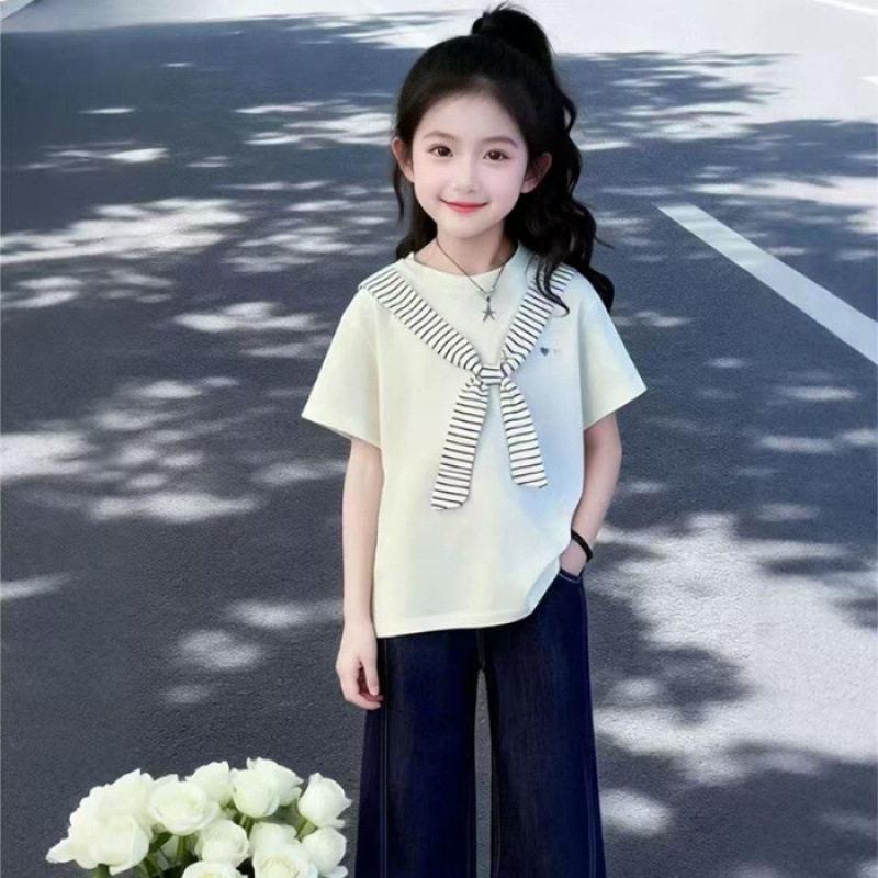 Girls Summer Navy Cape Short Sleeve T Shirt With Bow Tie Round Neck Top For Big Kids Students