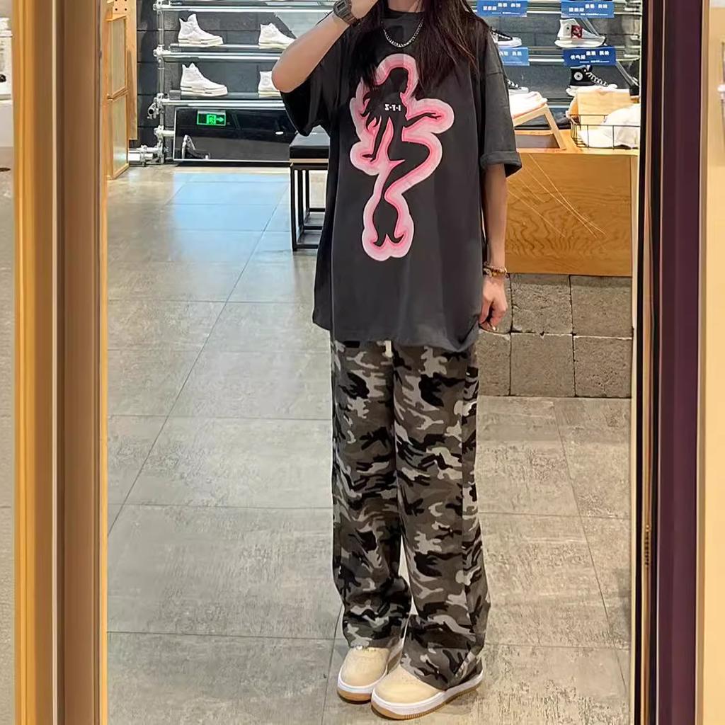 Camouflage Work Pants Summer Station New Style Loose Lace-up Trousers Casual Walk Straight Pants for Women