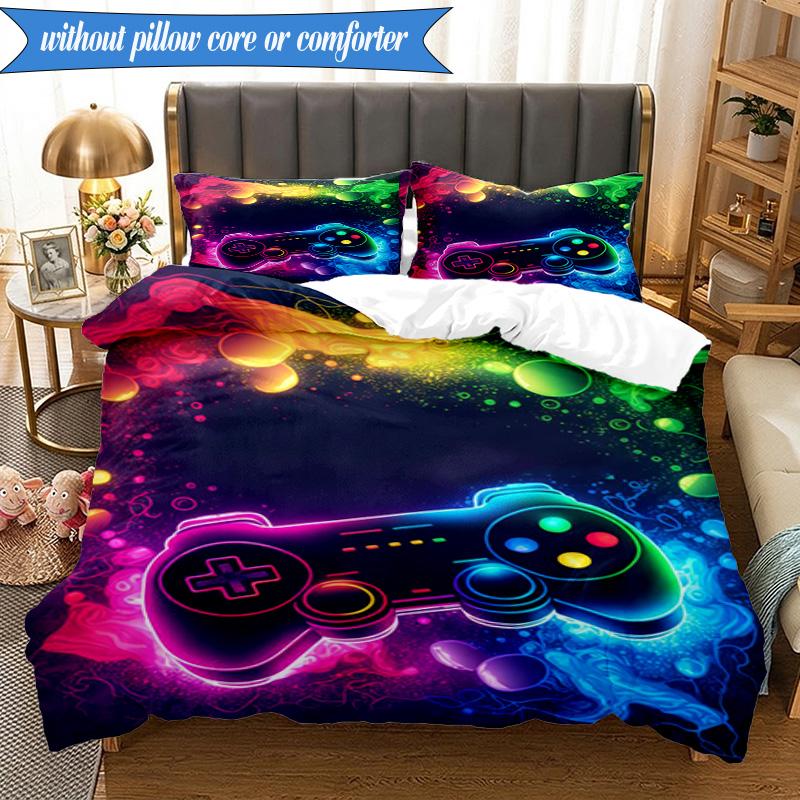 3PCS Neon Game Over Art Bedding Set,Including 1pc Duvet Cover And 2pcs Pillowcases Perfect for Bedroom, Dormitory, Fan Christmas Gift