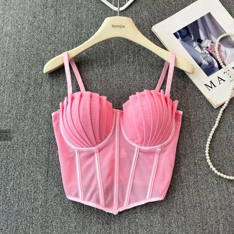 European American Summer New Mesh Folding Sexy Fishbone Camisole Women's Clothing Base Ride Outer Wear Short Tops