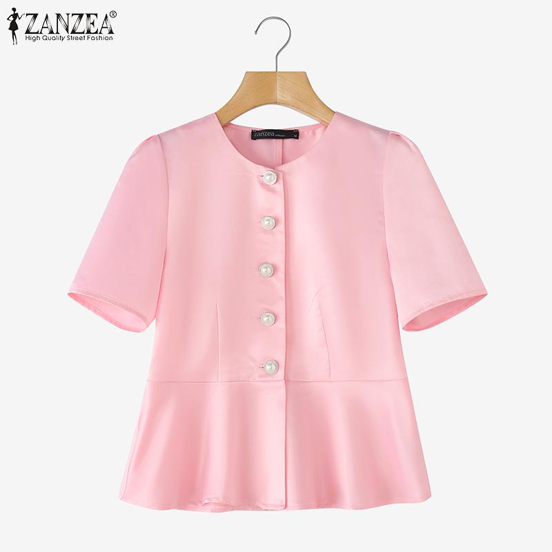 ZANZEA Women Casual Round Neck Solid Color Summer Short Sleeve Blouse