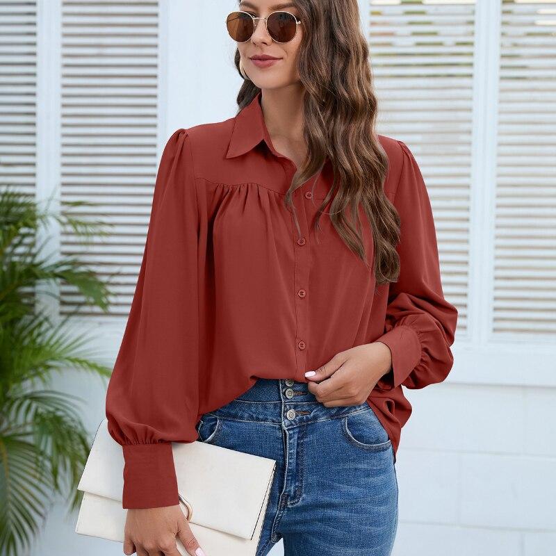 Lantern Sleeve Chiffon Shirt Women Casual Loose White Blouse Ladies Pleated Solid Tops Fashion Womens Clothing 2026 Blusa 24751
