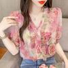 V-neck Floral Shirt for Women's Summer Stylish Ruffle Edges and Short Sleeves Pink Chiffon Top