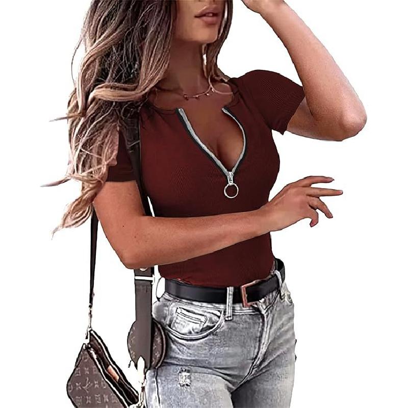 2026 New Spring/Summer Women's Zipper Ribbed Round Neck Short Sleeve Casual Simple T-Shirt Top