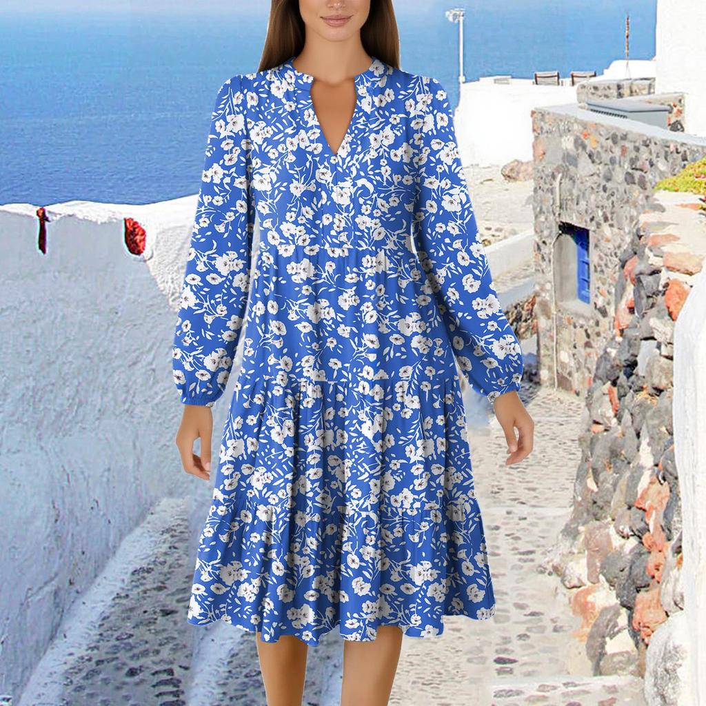 Women's V-Neck Flowing Layered Bohemian Long Sleeve Floral Print Dress