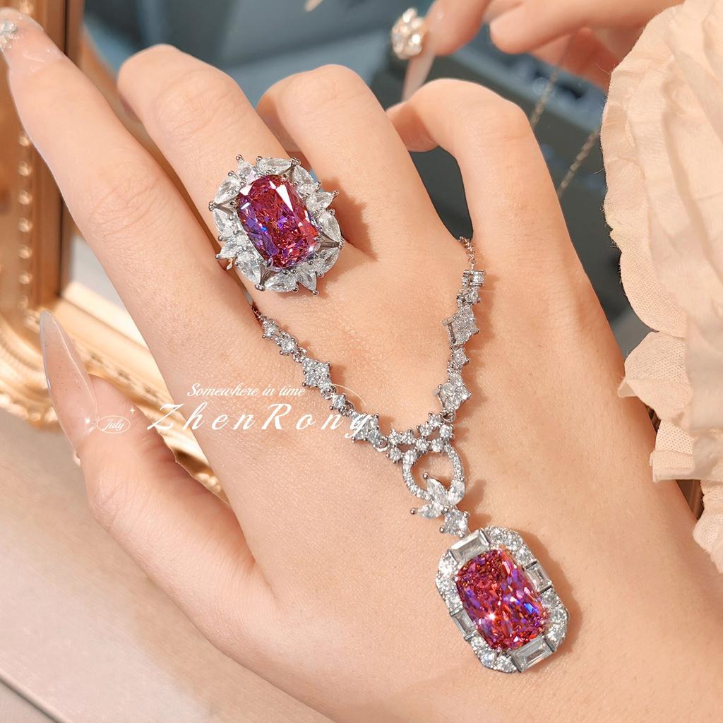 Foydjew Luxury Large Carat Square Princess Cut Pink Cubic Zirconia Pendant Necklace Women Copper Color Ring Wedding Zircon Sets