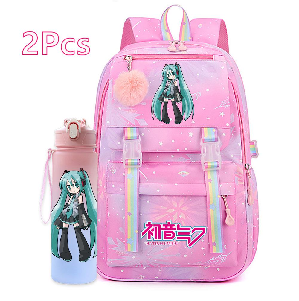 2 st/set Söt Hatsune Miku-tryckt Ryggsäck med 750 ml Vattenflaska för Tonårsflicka Pojke Skolväska Stor Kapacitet Vattentät Resväska Gåva